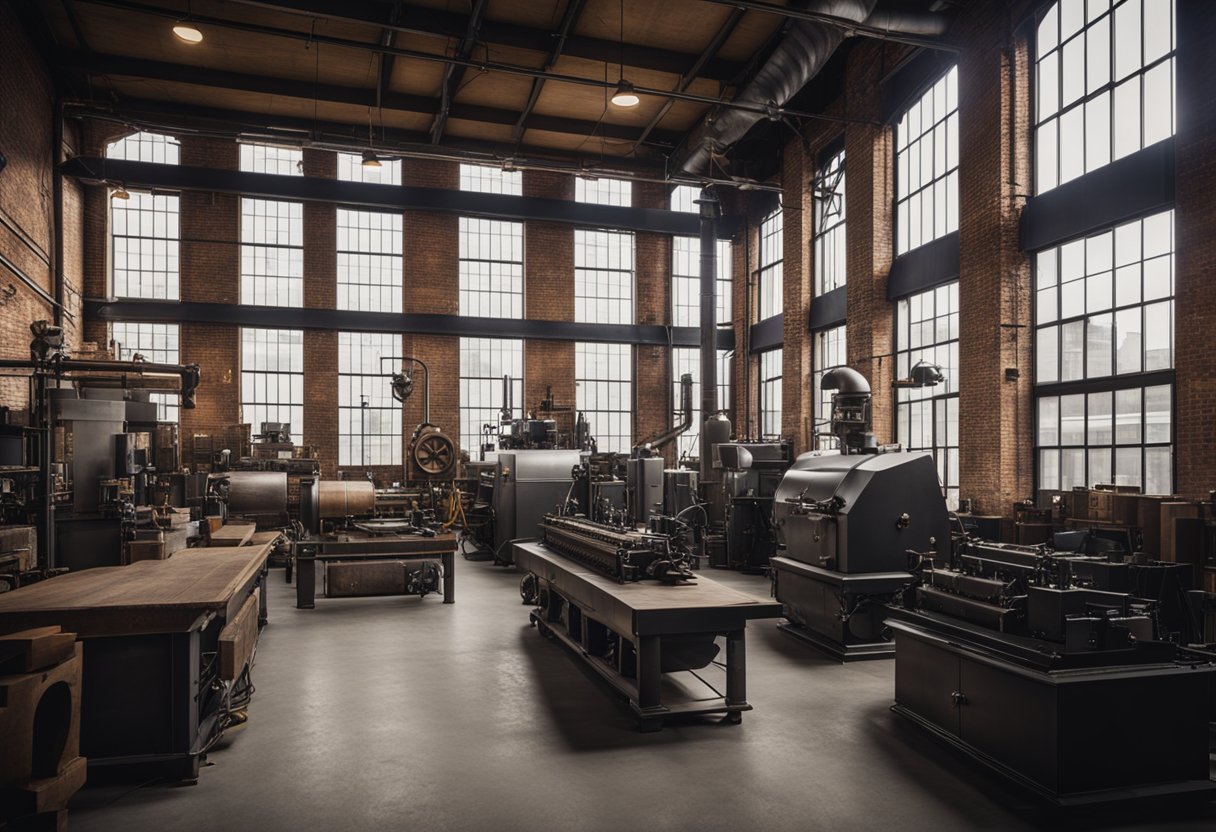 An industrial interior with exposed brick walls, metal beams, and large windows. Vintage machinery and rustic furniture add to the historical ambiance