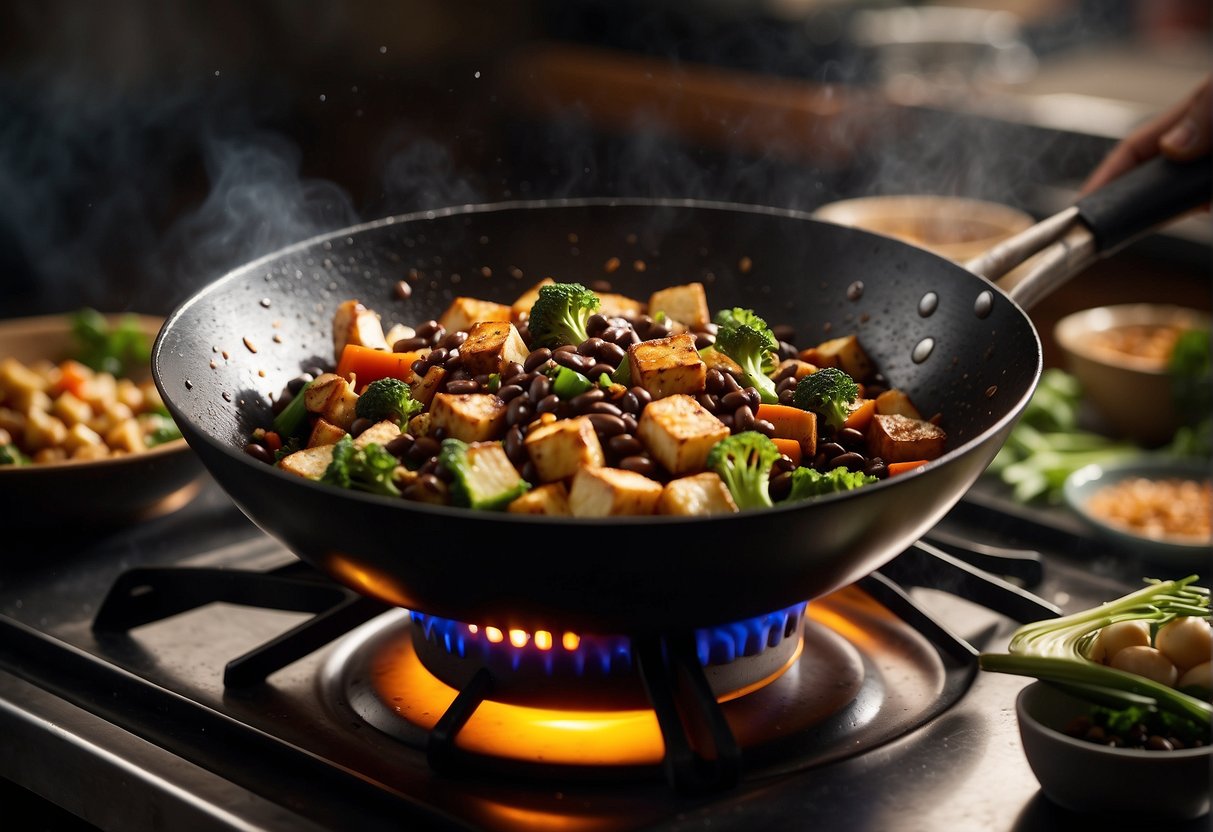 A wok sizzles as black bean sauce coats stir-fried vegetables and tofu, while aromas of garlic and ginger fill the air