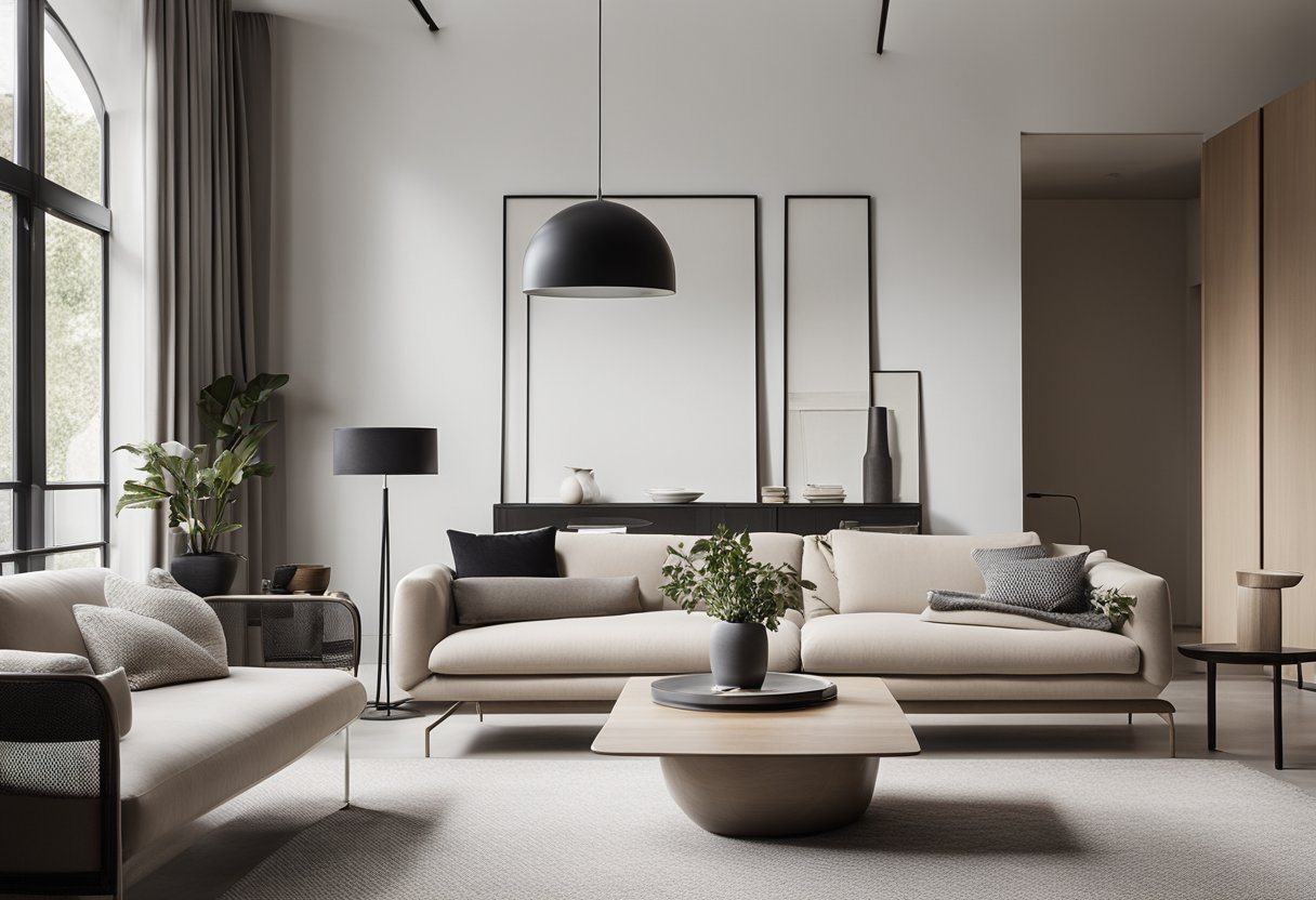 A sleek, minimalist interior with clean lines, neutral colors, and modern furniture. Natural light floods the space, highlighting the carefully curated decor and art pieces