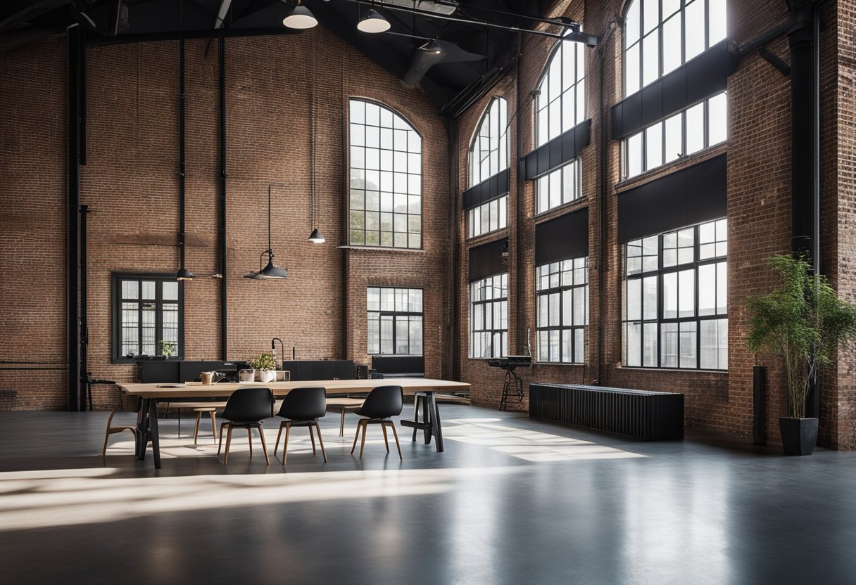 A spacious industrial interior with exposed brick walls, metal beams, and large windows. Minimalist furniture and clean lines create a modern, sleek atmosphere