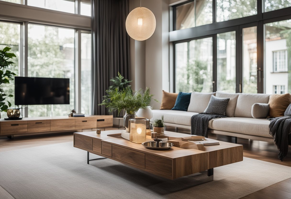 A spacious, well-lit living room with eco-friendly materials, natural elements, and energy-efficient fixtures. The space exudes elegance and opulence while maintaining a commitment to sustainability