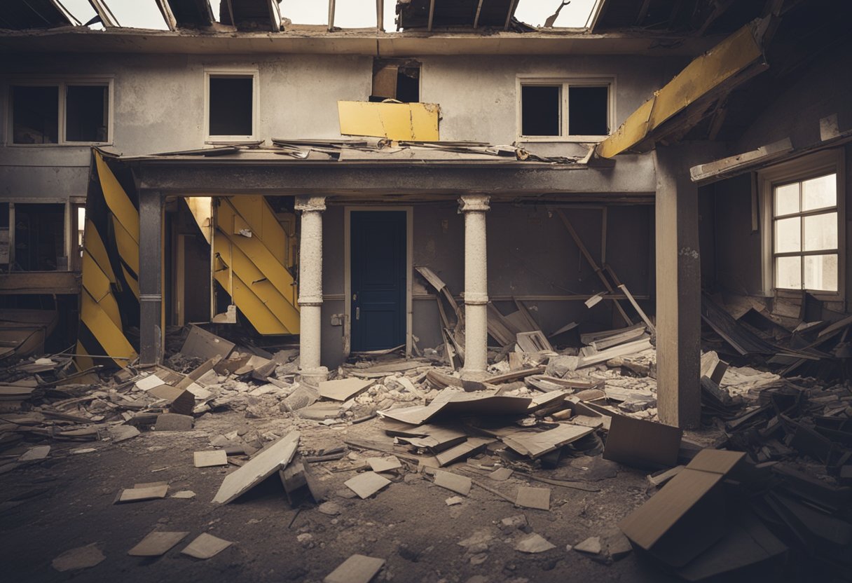 A house with cracked walls and outdated fixtures, surrounded by warning signs and caution tape. A pile of debris and construction materials nearby