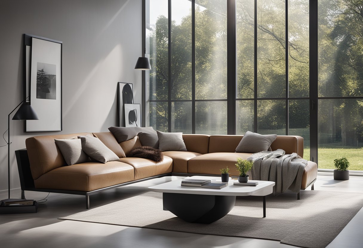 A sleek, minimalist living room with modular furniture, integrated smart technology, and abundant natural light
