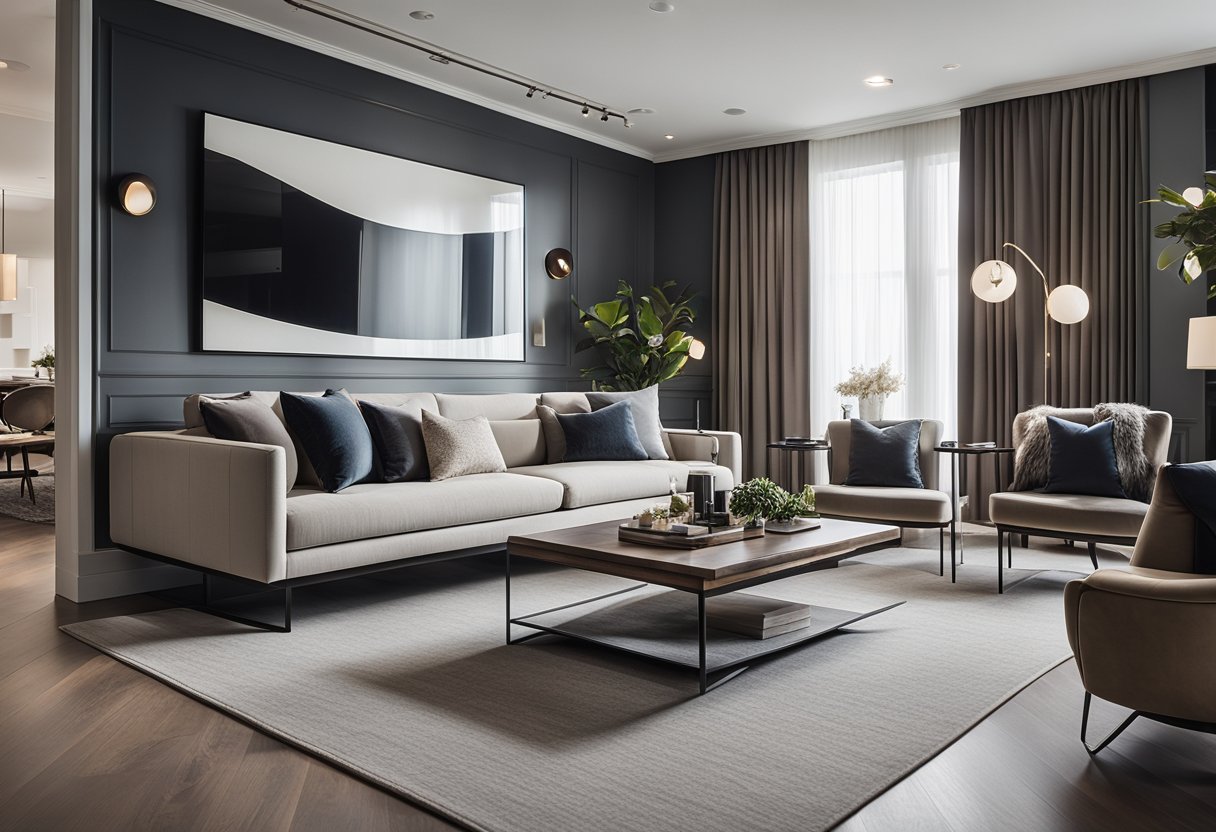 A sleek, open-concept living space with high-end furniture, elegant lighting, and luxurious textiles. Clean lines and sophisticated color palette exude modern luxury