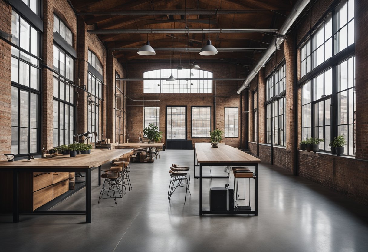 An industrial-style interior with exposed brick walls, metal pipes, and wooden beams. Concrete floors and large, open windows provide ample natural light. Vintage industrial furniture and minimalistic decor complete the look