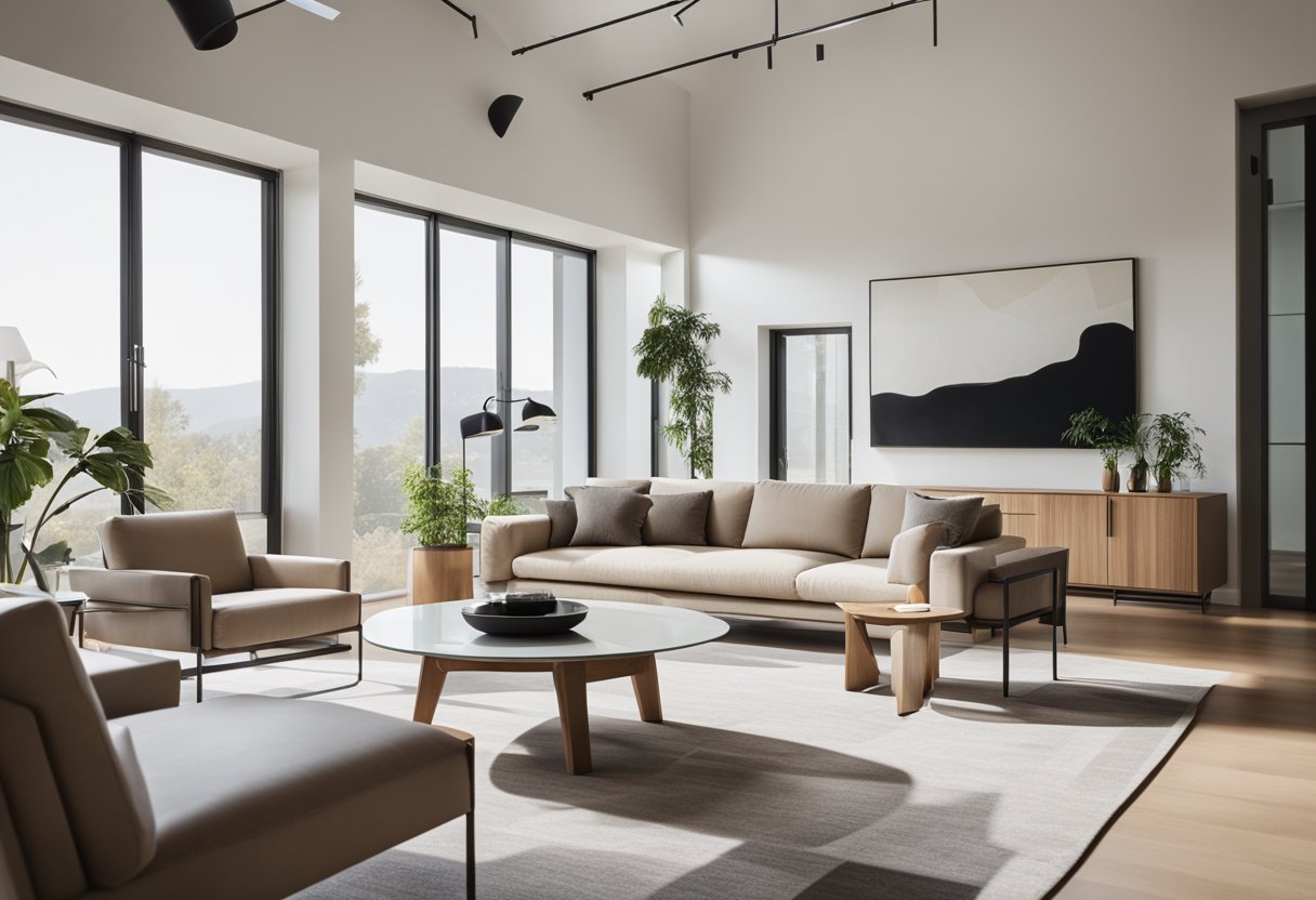 A sleek, minimalistic living room with clean lines, neutral colors, and modern furniture. Large windows let in natural light, and geometric art adorns the walls