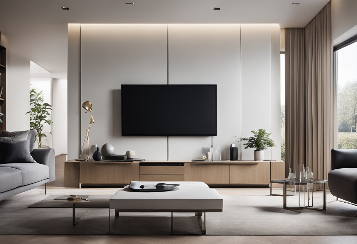 A sleek, minimalist living room with cutting-edge technology and high-end materials. Clean lines, integrated smart features, and luxurious finishes define the space