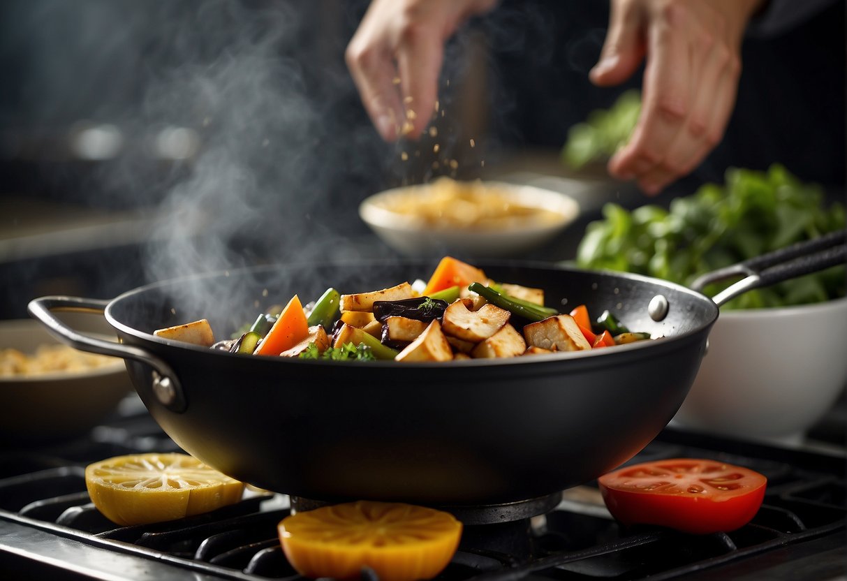 A wok sizzles as black bean sauce is poured over stir-fried vegetables and tofu, creating a savory aroma in the kitchen
