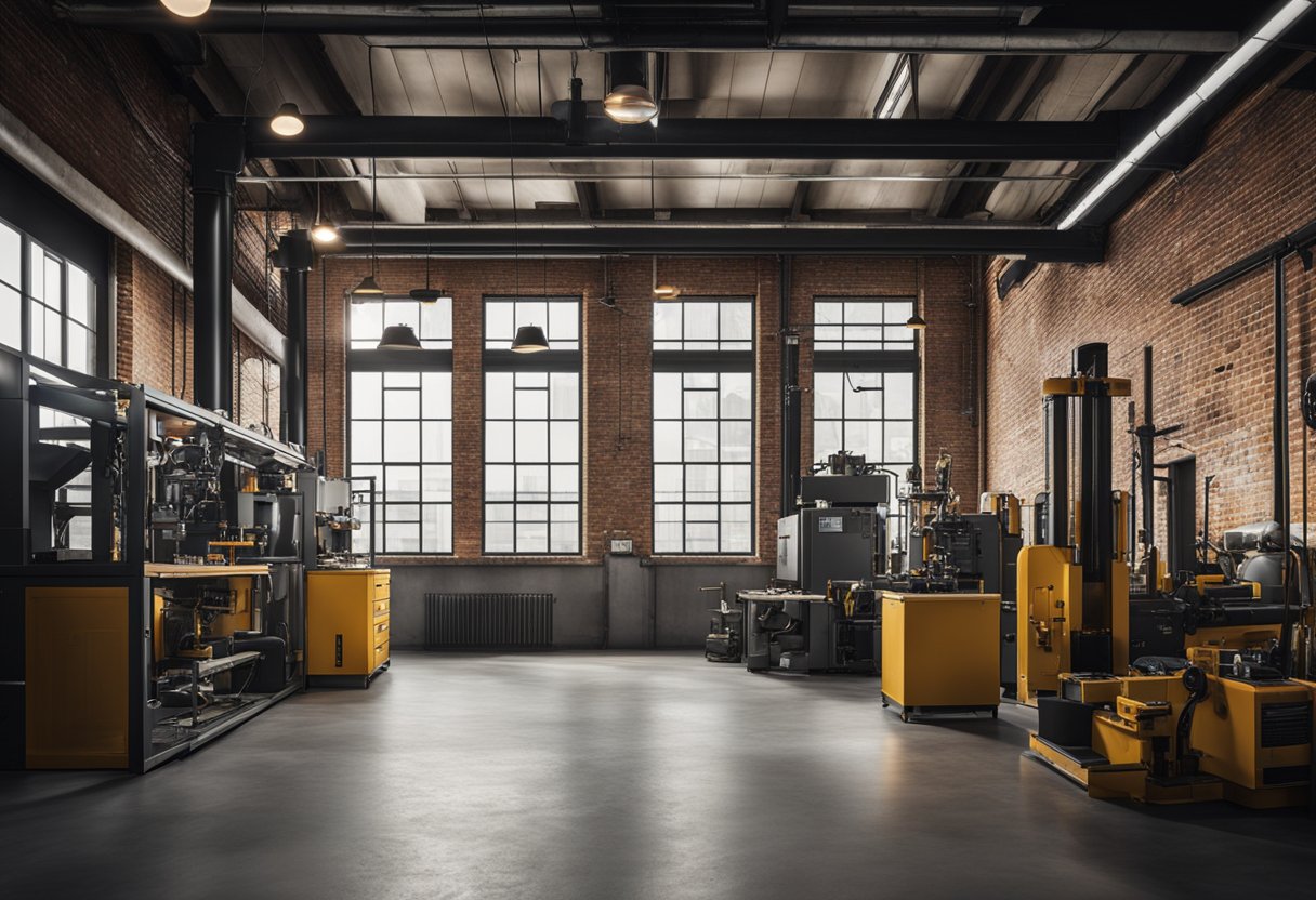 The room features exposed brick walls, metal beams, and concrete floors. Industrial lighting fixtures hang from the ceiling, and large windows let in natural light. Machinery and equipment are scattered throughout the space