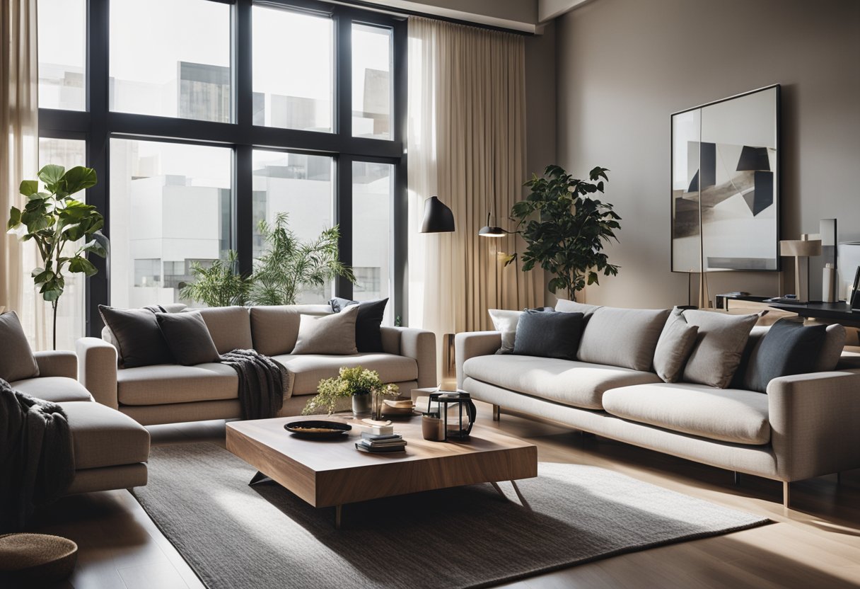 A modern living room with minimalist furniture, neutral colors, and natural light streaming in through large windows