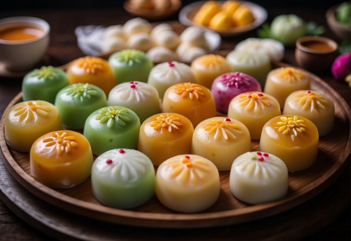 A table filled with colorful Chinese desserts made from rice flour, including sweet treats like tangyuan, mooncakes, and steamed buns
