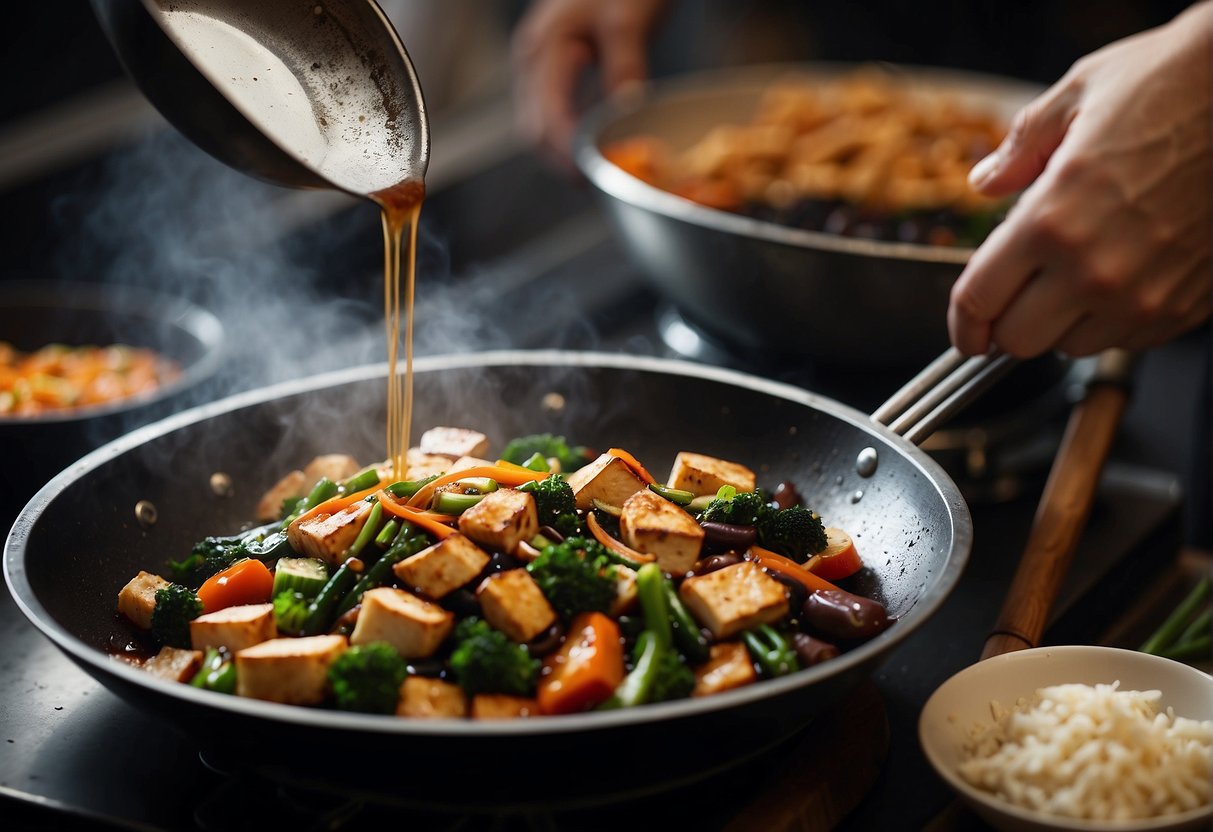 A wok sizzles as black bean sauce is poured over stir-fried vegetables, tofu, and chicken. Ingredients like garlic, ginger, and soy sauce are neatly arranged nearby