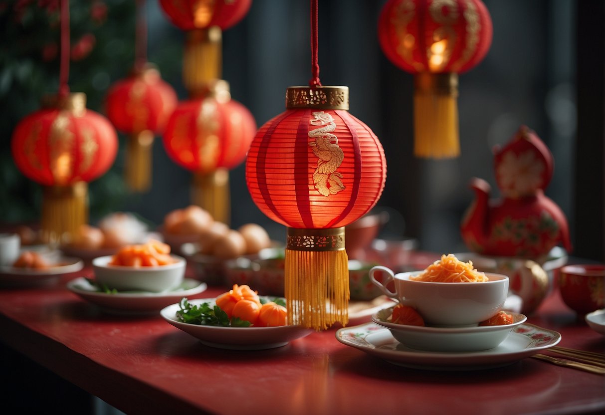 A table adorned with colorful Chinese dishes made from rice flour for a festive celebration. Red lanterns hang above, adding to the festive atmosphere