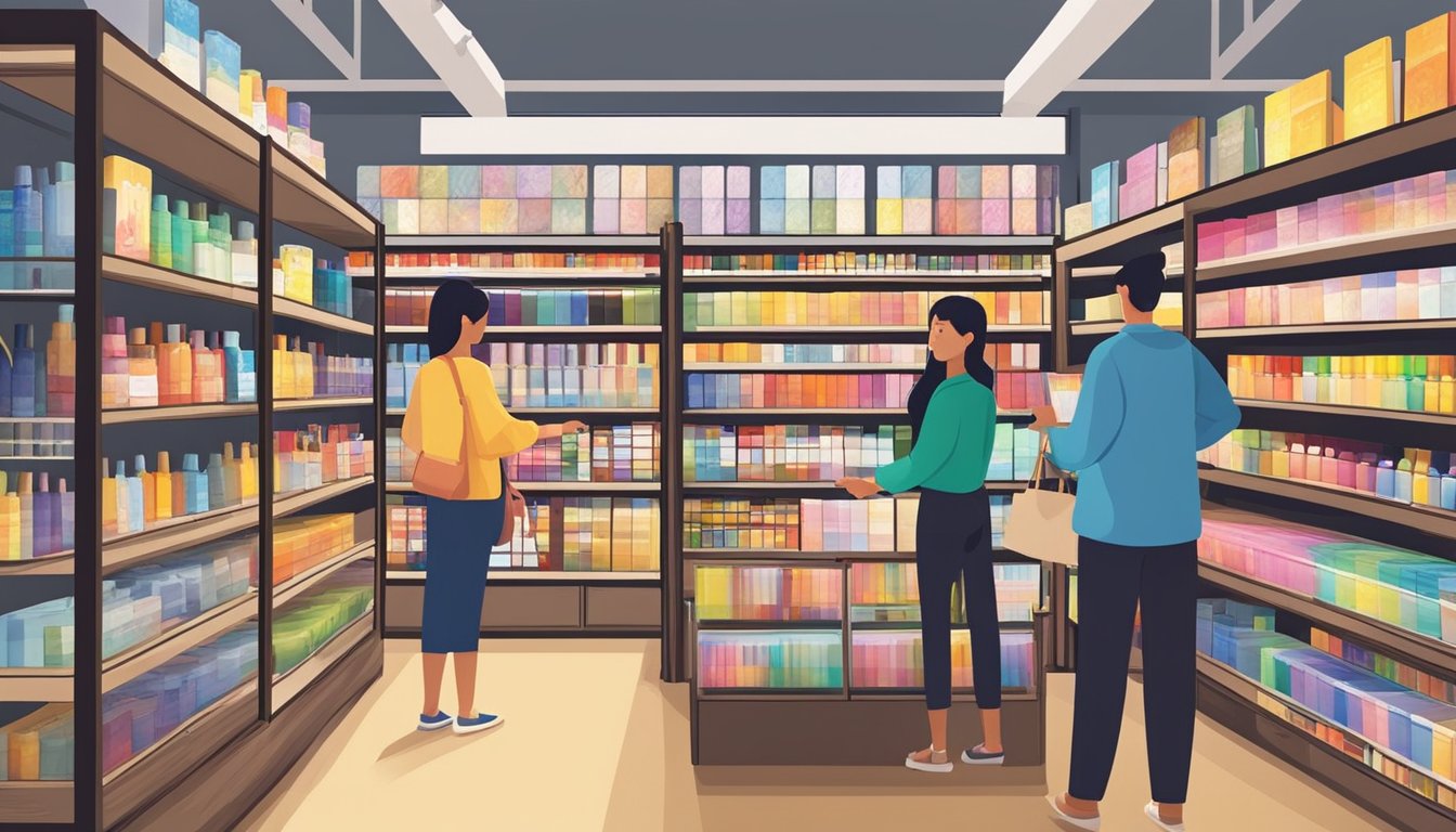 Brightly lit art supply store shelves display various sizes of canvas boards in Singapore. Customers browse through the selection, while a knowledgeable staff member assists with recommendations