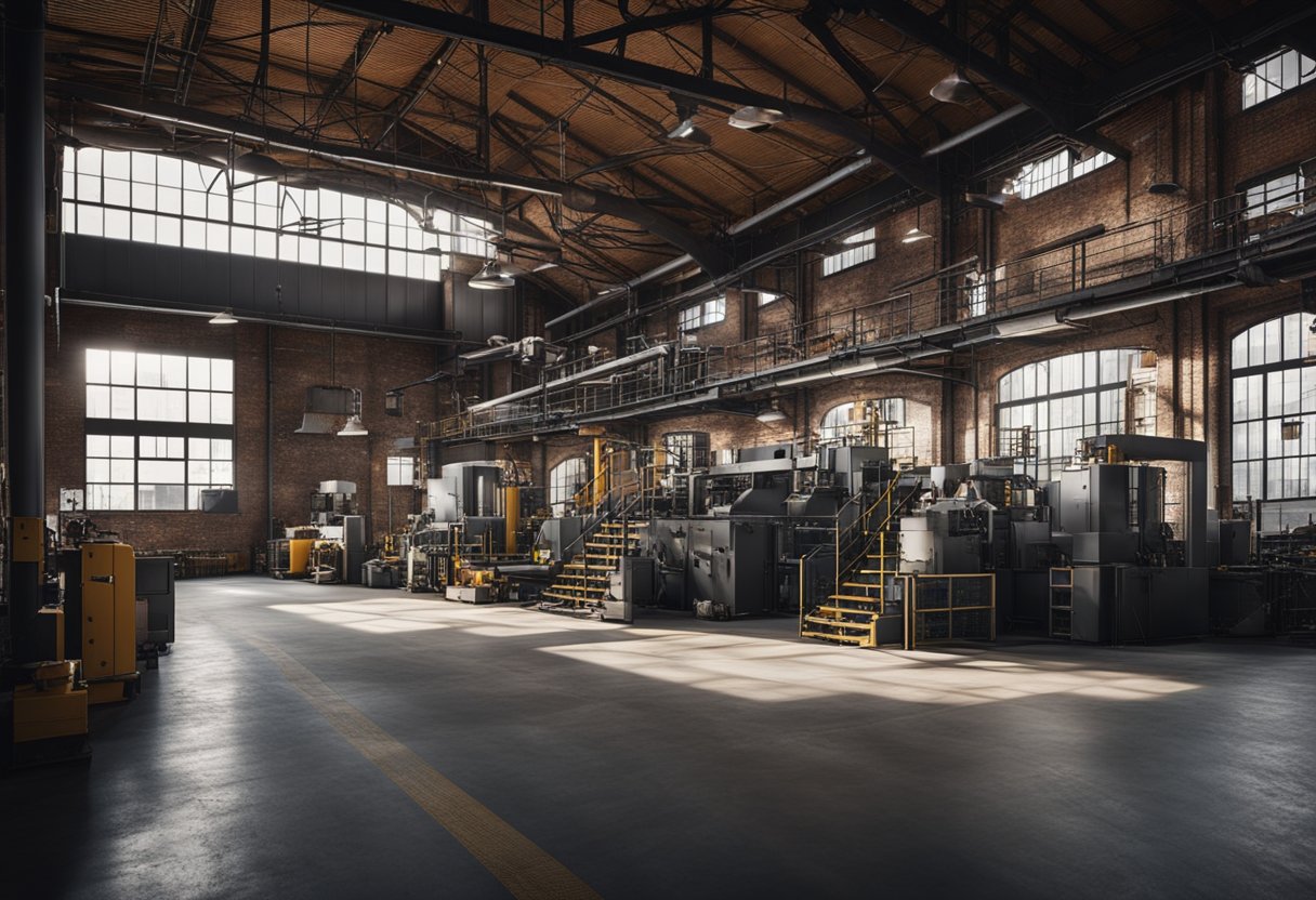 An industrial interior with exposed brick walls, metal beams, and large factory windows. Machinery and equipment are scattered throughout the space, giving it a gritty and utilitarian feel