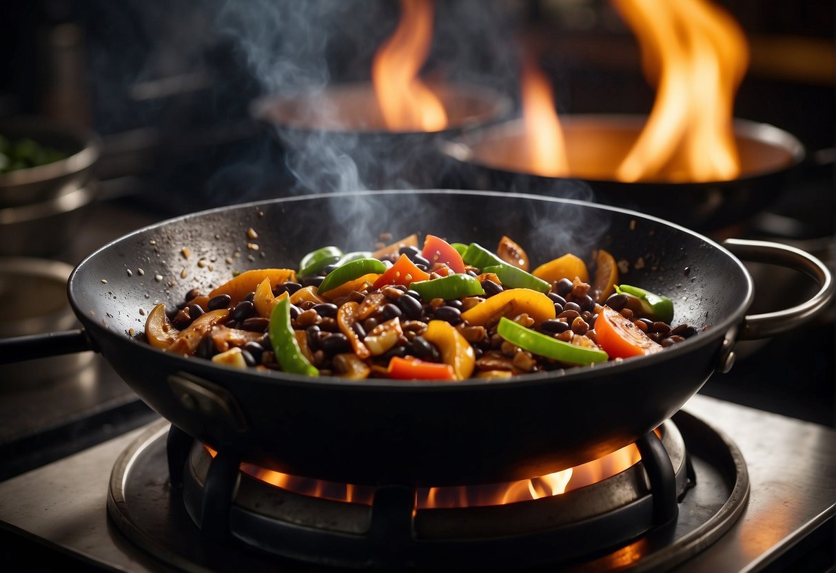 A wok sizzles over a high flame, as ingredients are stir-fried in a fragrant black bean sauce, filling the air with savory aromas