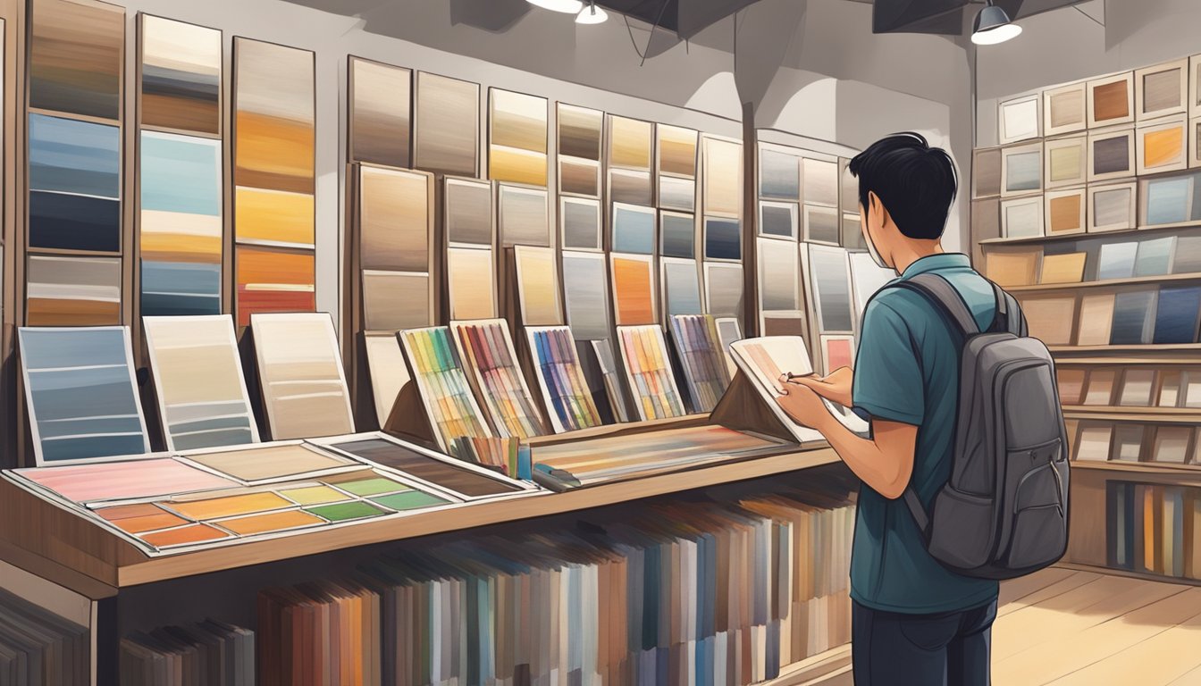A person browsing through various canvas boards at an art supply store in Singapore, carefully examining the texture and quality of each one before making a decision