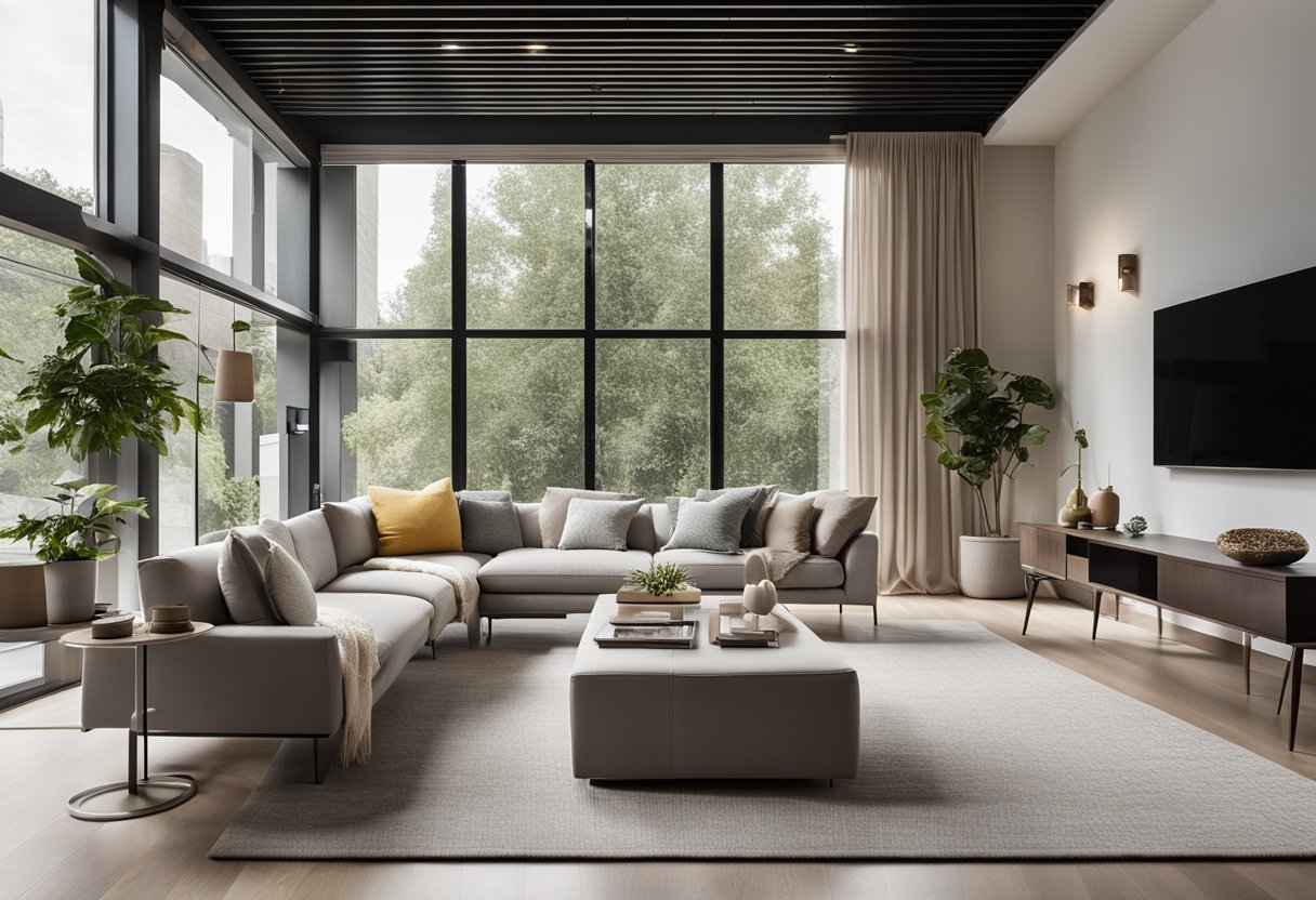 A modern living room with minimalist furniture and clean lines. Neutral color palette with pops of color in accent pieces. Open floor plan with natural light streaming in through large windows