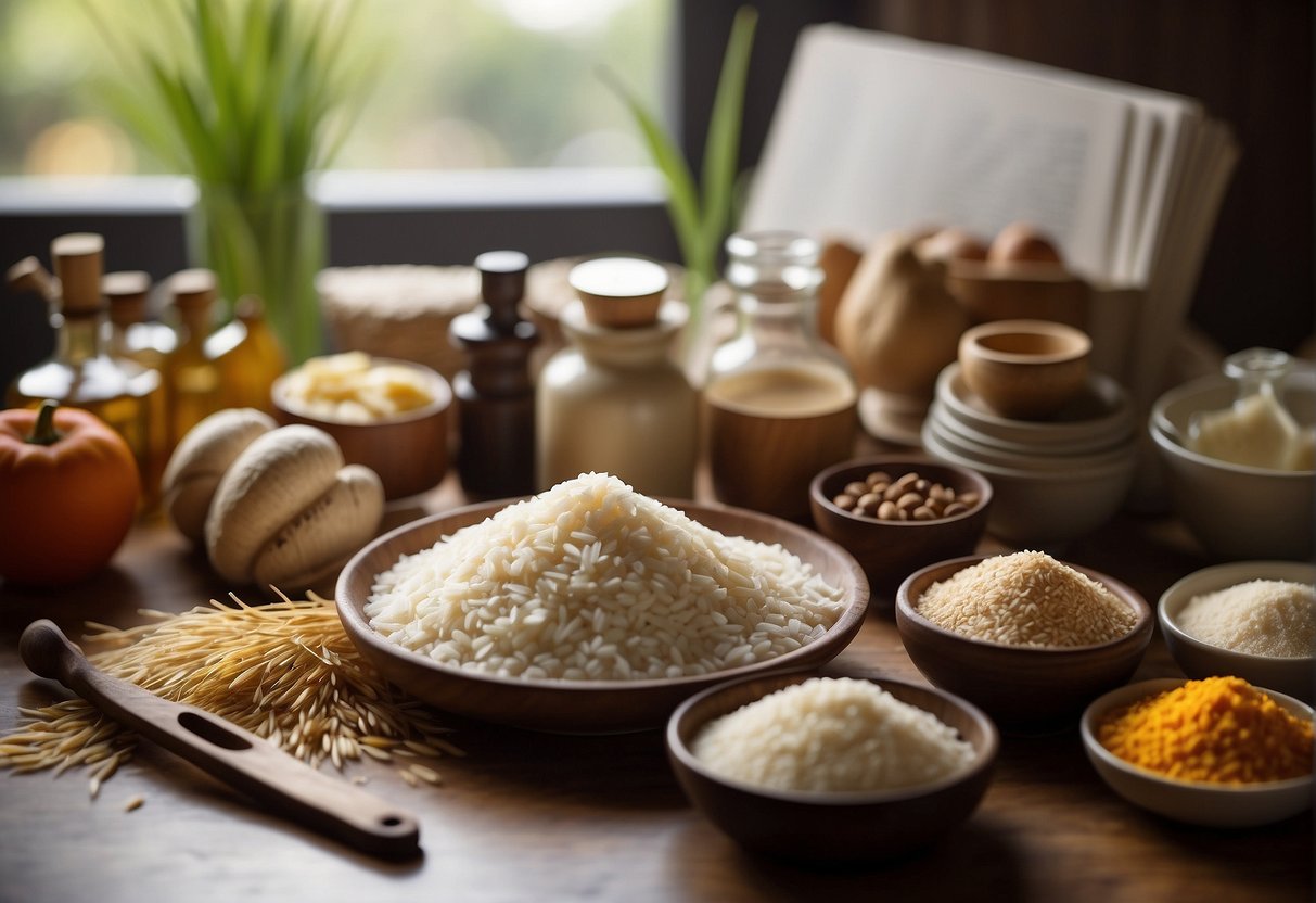 A kitchen counter with various ingredients and utensils for making Chinese rice flour dishes. A recipe book open to a page titled "Practical Tips for Perfect Rice Flour Dishes" sits nearby