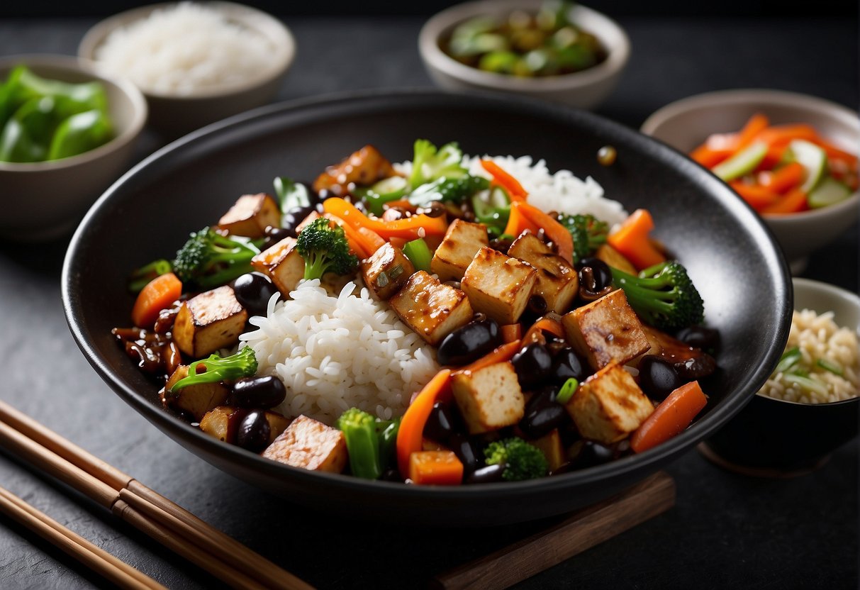 A wok sizzles with stir-fried vegetables and tofu in savory black bean sauce, surrounded by bowls of rice and chopsticks