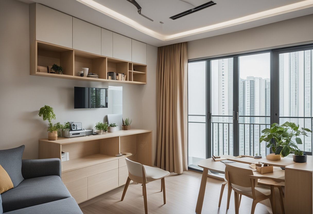 A clutter-free HDB flat with space-saving furniture and clever storage solutions. Bright, airy rooms with minimalistic decor and multi-functional areas