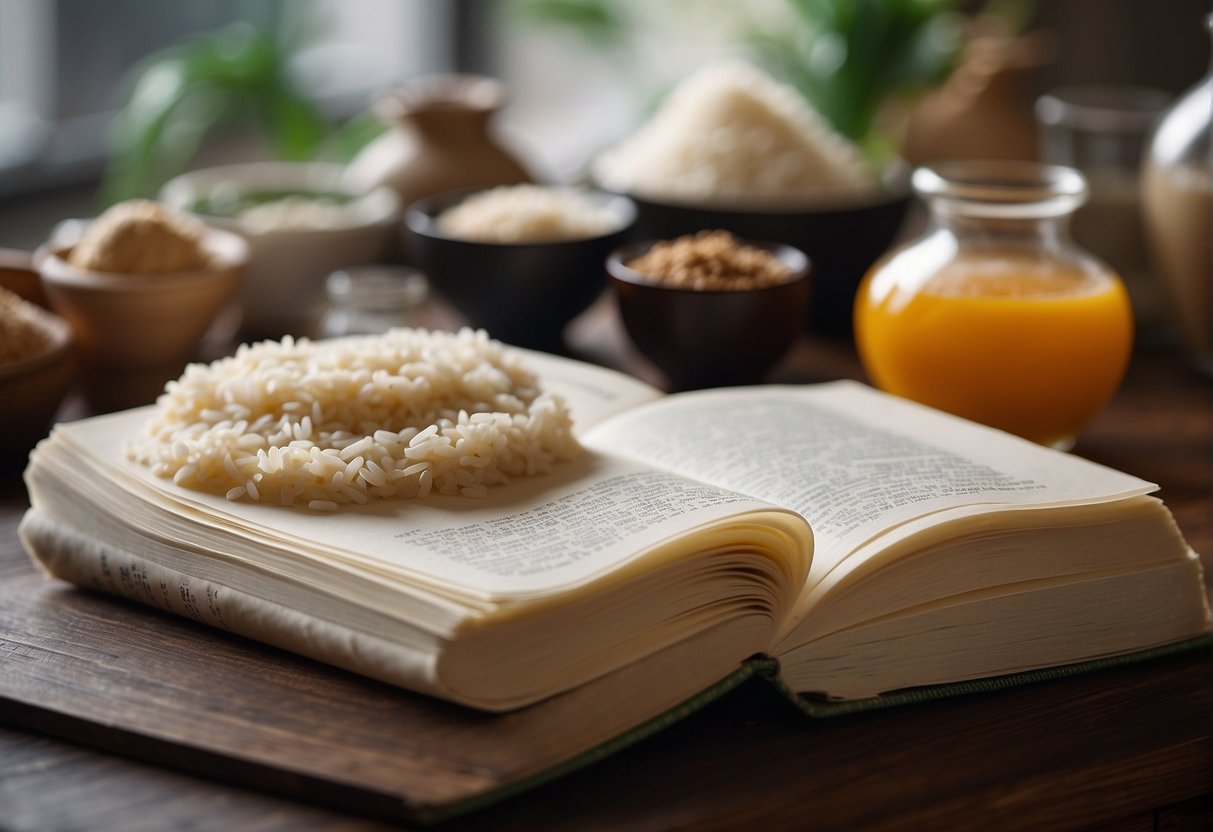 A stack of Chinese recipe books open to rice flour recipes, with a bowl of rice flour and various ingredients laid out on a kitchen counter