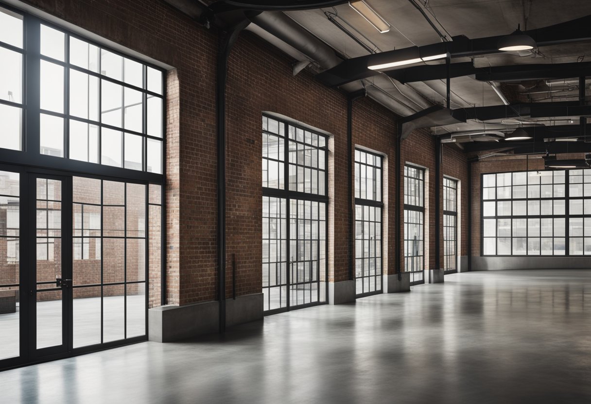 The industrial interior design features exposed brick walls, metal piping, and concrete floors, with large windows allowing natural light to flood the space