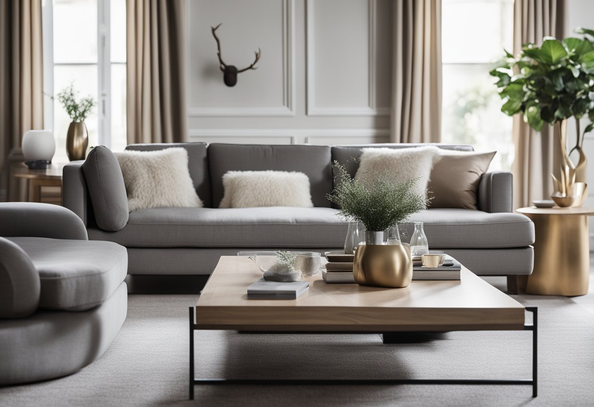 A modern living room with neutral color scheme, featuring a plush grey sofa, wooden coffee table, and metal accents