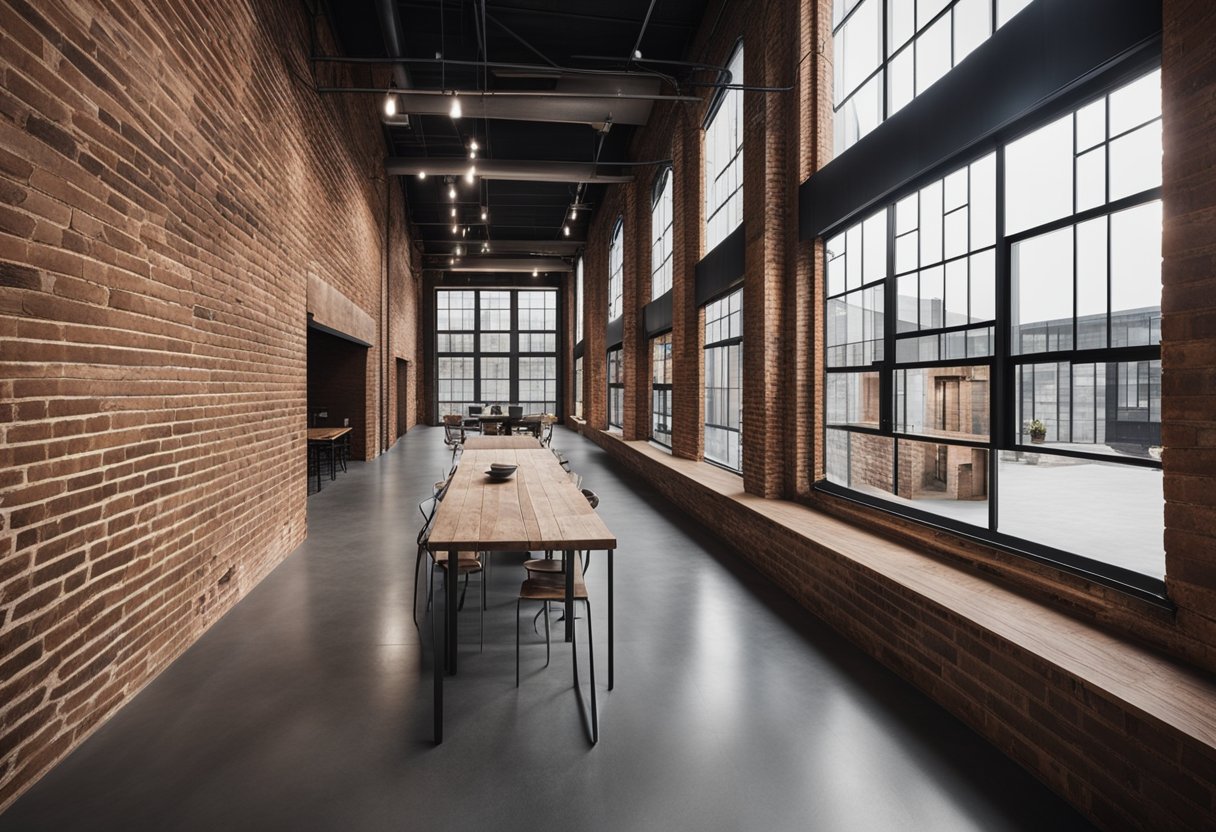 The industrial interior design features exposed brick, metal beams, and rustic wood elements, reflecting a cultural trend towards urban, raw, and minimalist aesthetics