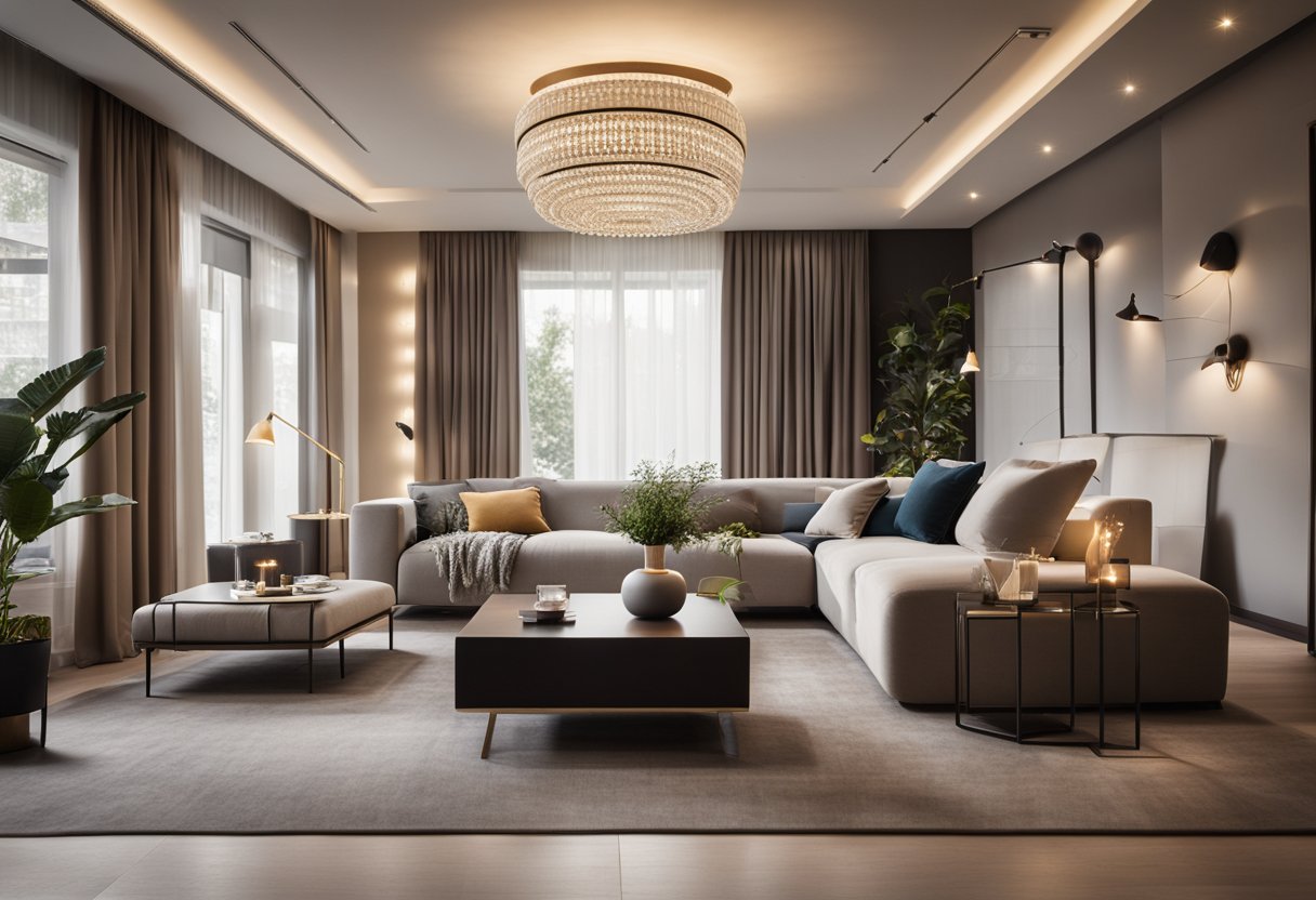 A well-lit living room with modern furniture and decorative accessories. Bright ceiling lights and floor lamps illuminate the space, casting a warm glow on the stylish decor