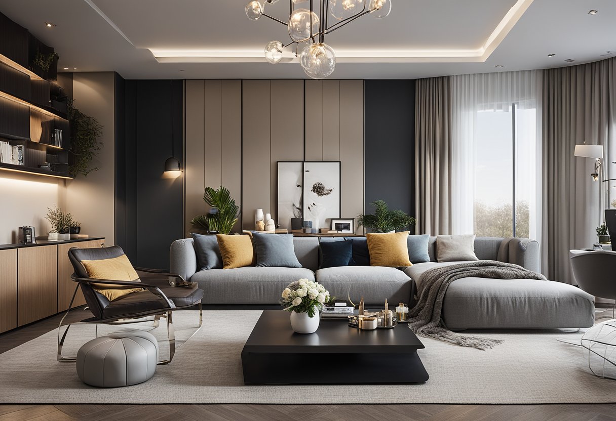 A modern living room with a sleek sofa, coffee table, and wall-mounted TV. The space is adorned with contemporary light fixtures and decorative wall art