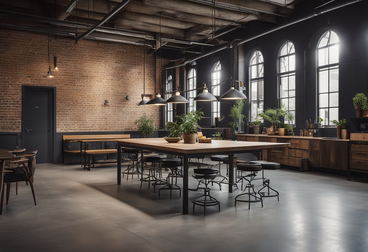 The industrial interior features exposed brick, metal beams, and concrete floors with vintage lighting and minimalistic furniture