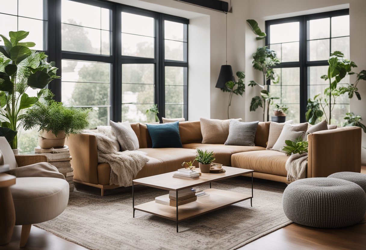 A cozy living room with neutral tones, a plush sofa, and a statement rug. Large windows let in natural light, and potted plants add a touch of greenery