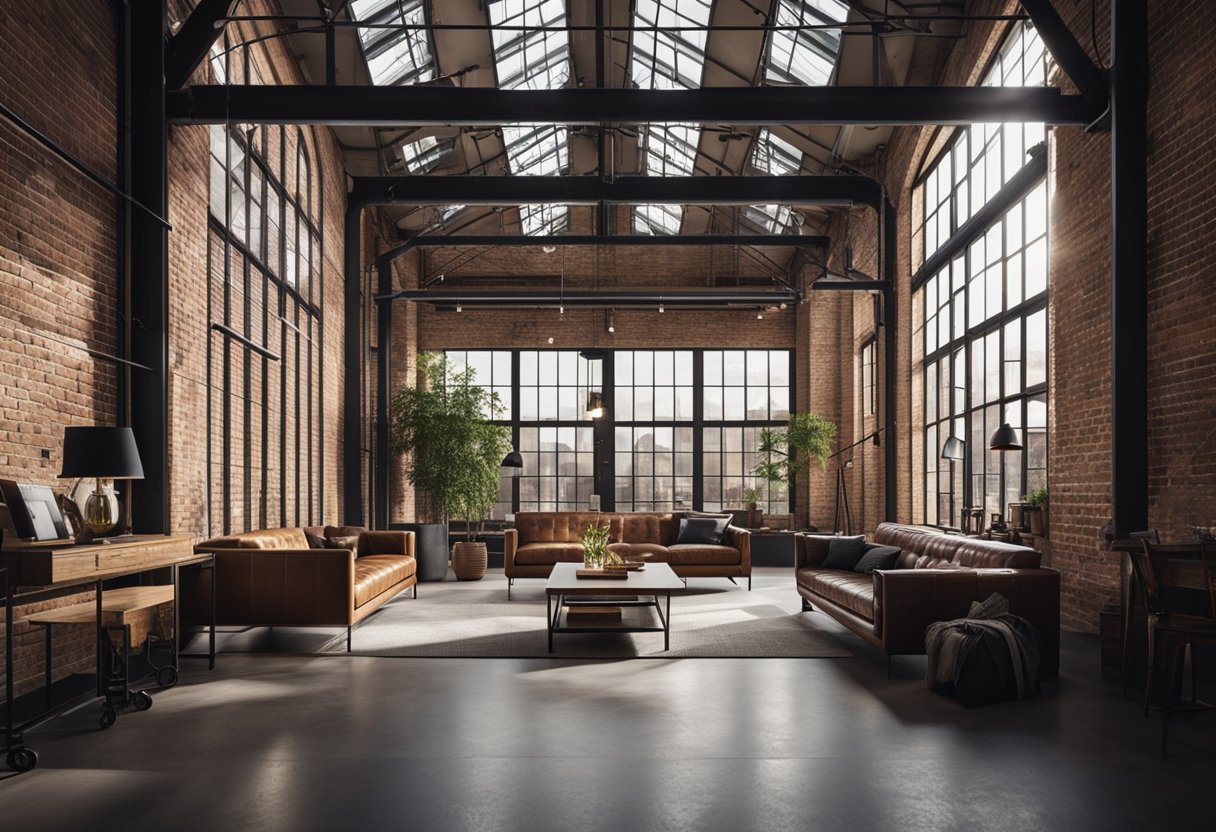 A spacious industrial interior with exposed brick walls, metal beams, and large windows. A mix of modern and vintage furniture creates a stylish and functional space