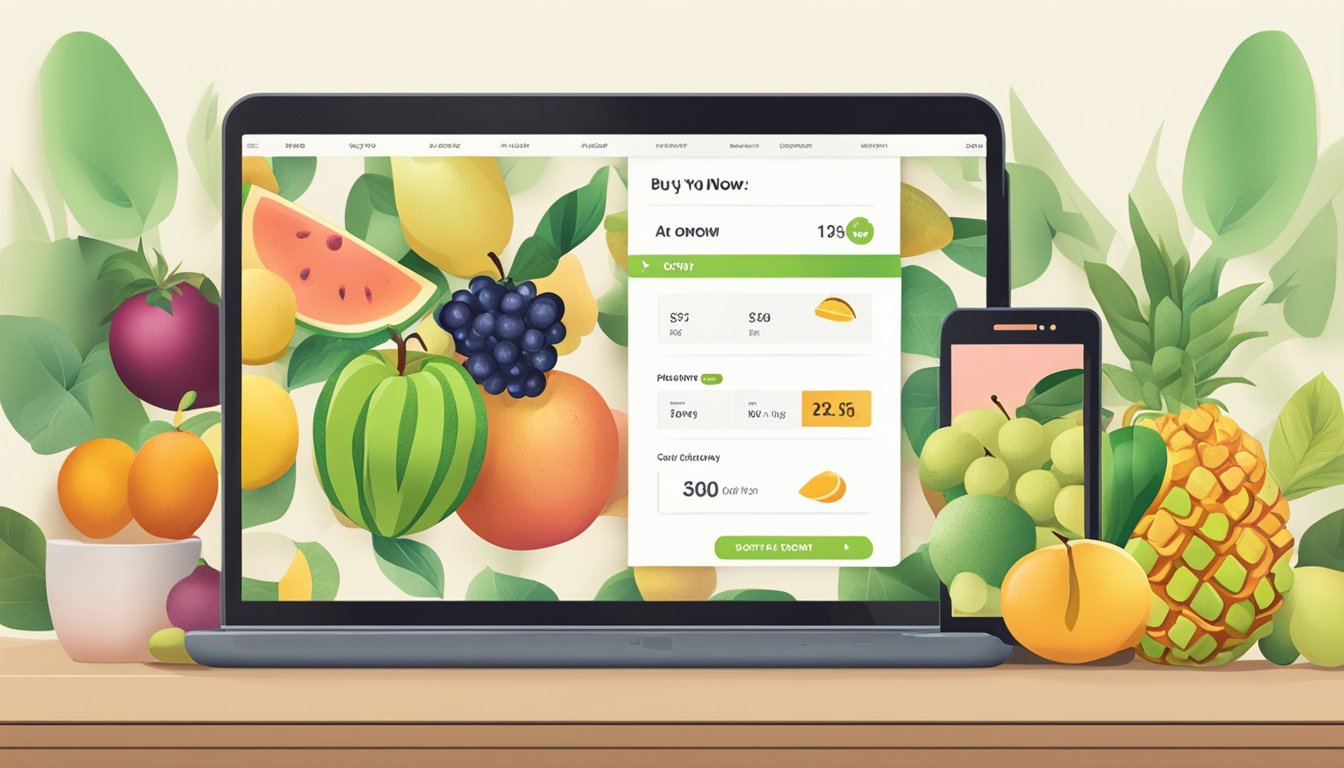 Fruits displayed on a digital device with "buy now" button
