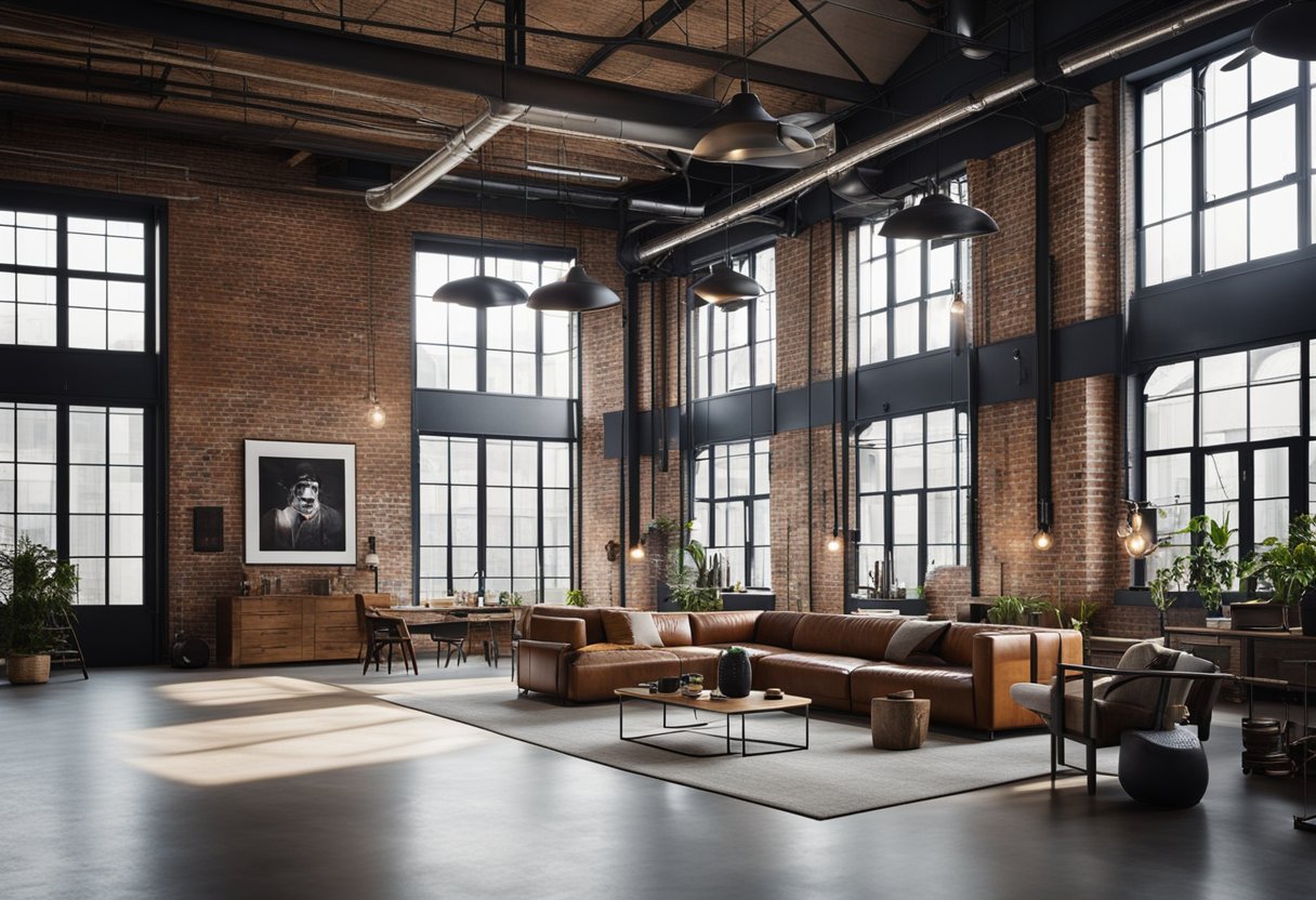 A spacious industrial loft with exposed brick walls, metal beams, and large windows. Modern furniture and industrial lighting fixtures complete the stylish interior