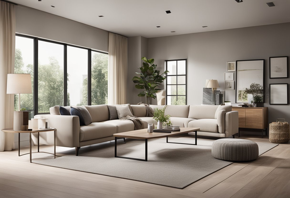 A modern living room with minimalist furniture, neutral colors, and ample natural light. Clean lines and open space create a sense of tranquility and simplicity