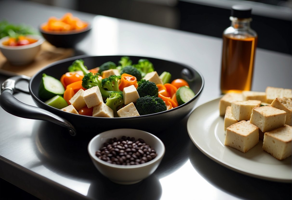Fresh vegetables and tofu arranged on a clean kitchen counter, with a bottle of black bean sauce and a recipe book open to a Chinese dish
