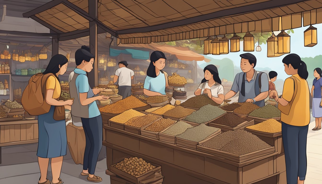 A bustling market stall displays various sizes of frankincense resin in Singapore. Customers inspect the aromatic offerings while the vendor stands ready to assist
