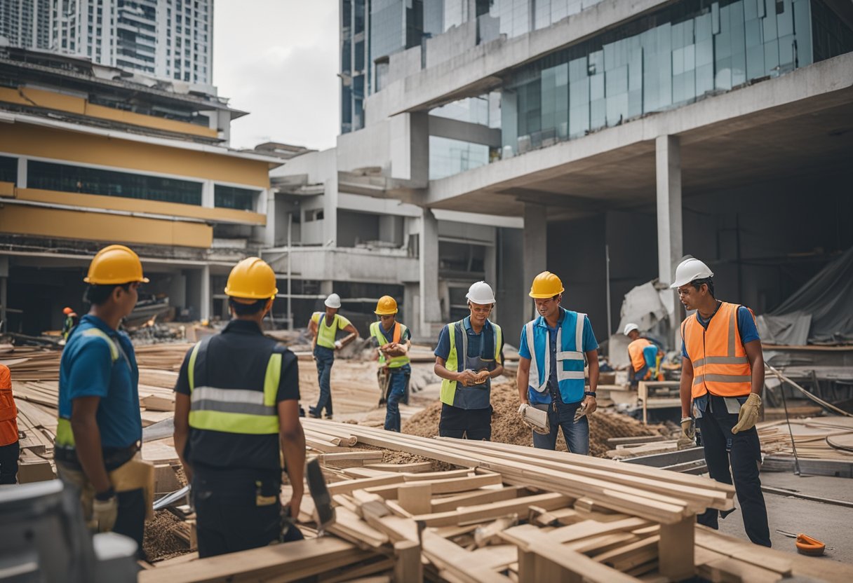 A group of renovation contractors working on a building in Singapore, with tools and equipment scattered around the construction site
