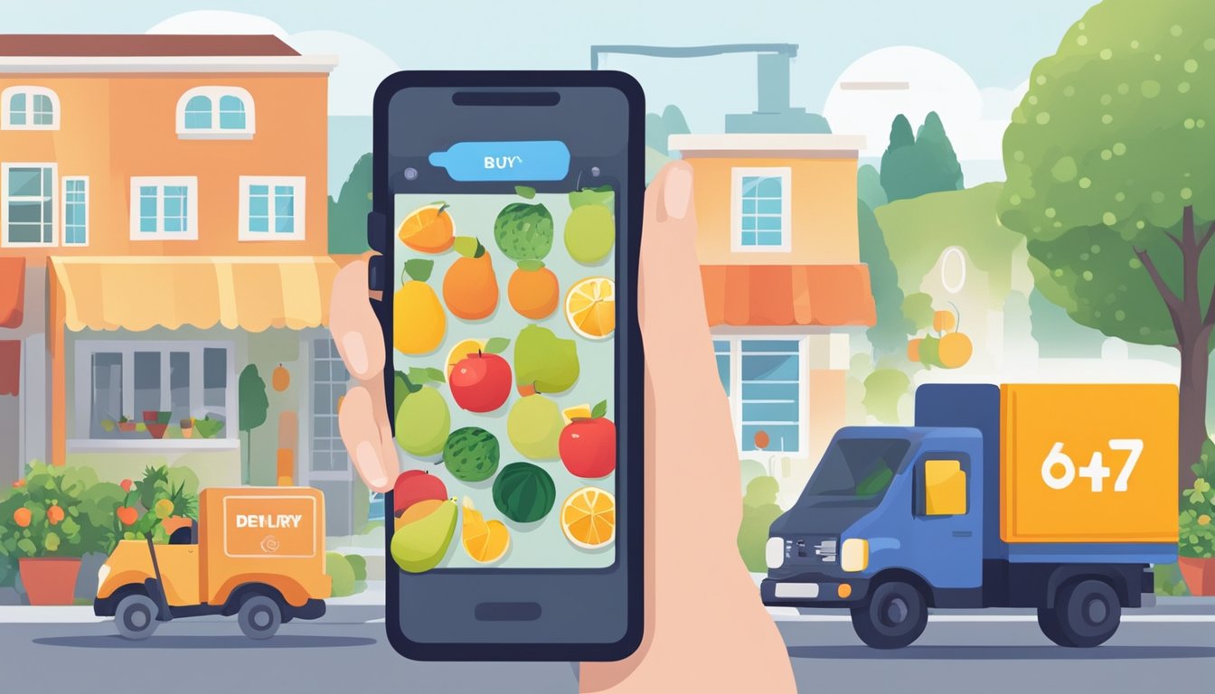 A hand reaches for a smartphone displaying a fruit delivery app. A selection of fresh fruits is displayed with a "buy now" button. A delivery truck is shown arriving at a customer's home with a box of fruits
