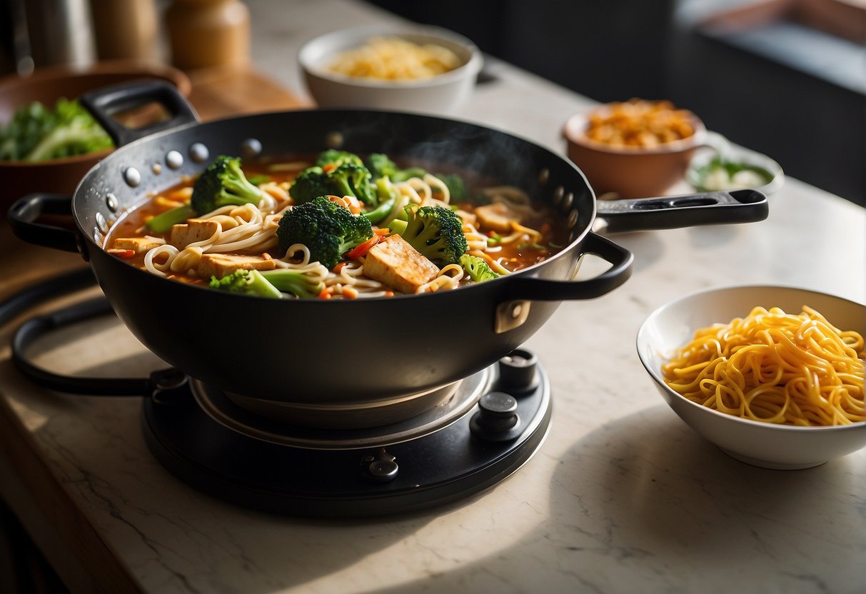 A wok sizzles with stir-fried noodles, tofu, and broccoli, topped with melted cheese. A steaming pot of hot and sour soup sits nearby