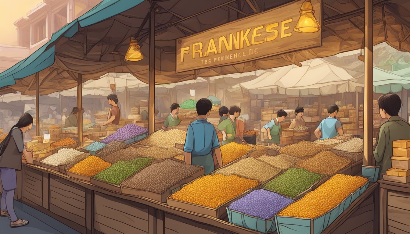 A bustling Singapore market stall displays various types of frankincense for sale, with colorful packaging and enticing aromas