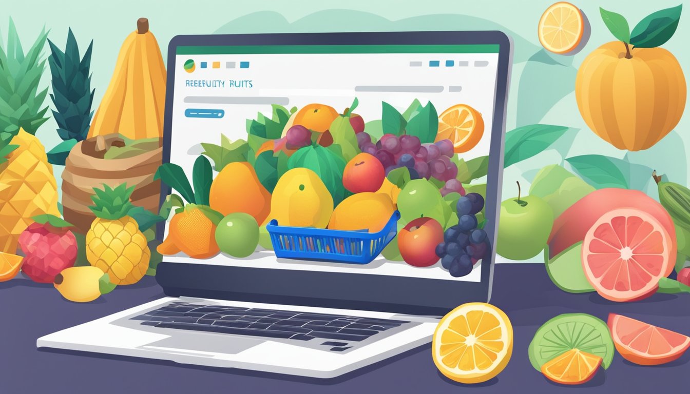 A laptop displaying a website with a variety of fresh fruits, a basket filled with colorful fruits, and a delivery truck with the logo "Frequently Asked Questions buy fruits online singapore" on the side