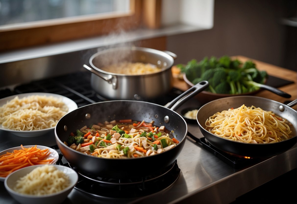 A wok sizzles with stir-fried noodles and vegetables, while a pot of hot and sour soup simmers on the stove. A block of tofu and a bowl of shredded cheese sit on the countertop, ready to be added to the