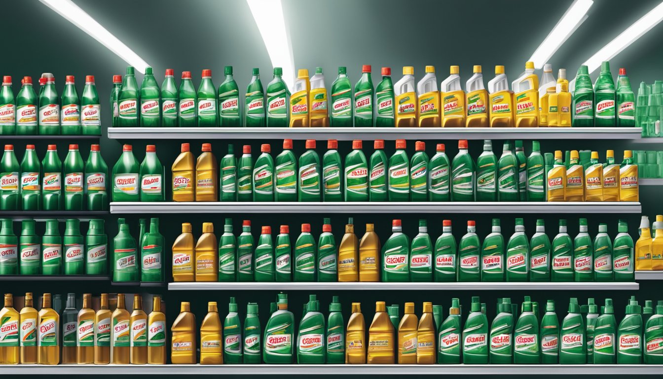 A shelf of Castrol engine oil bottles in a well-lit automotive store in Singapore