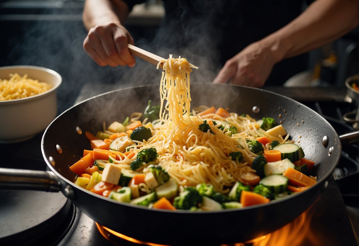 A chef adds grated cheese to a sizzling wok of stir-fried vegetables and tofu, creating a fusion of Chinese and Western flavors