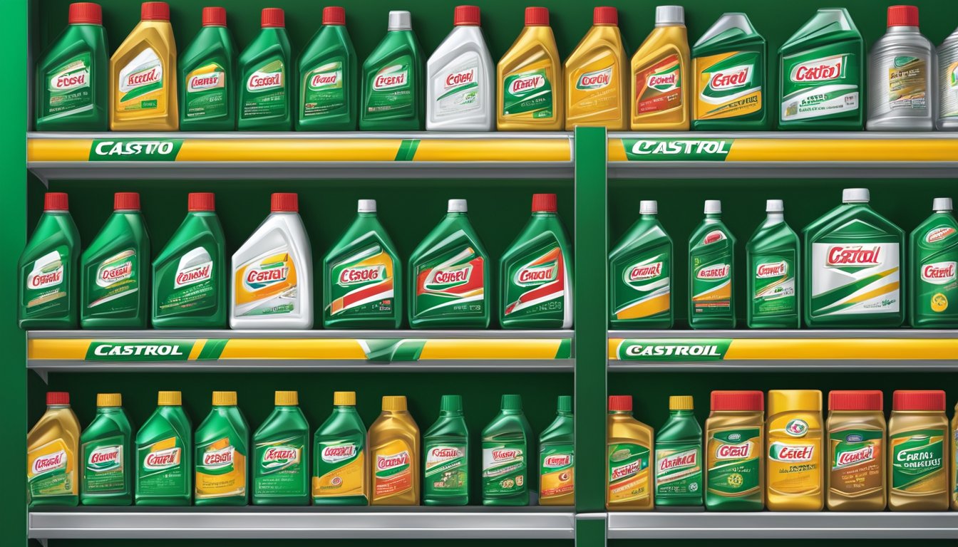A store shelf displays various Castrol engine oil products in Singapore