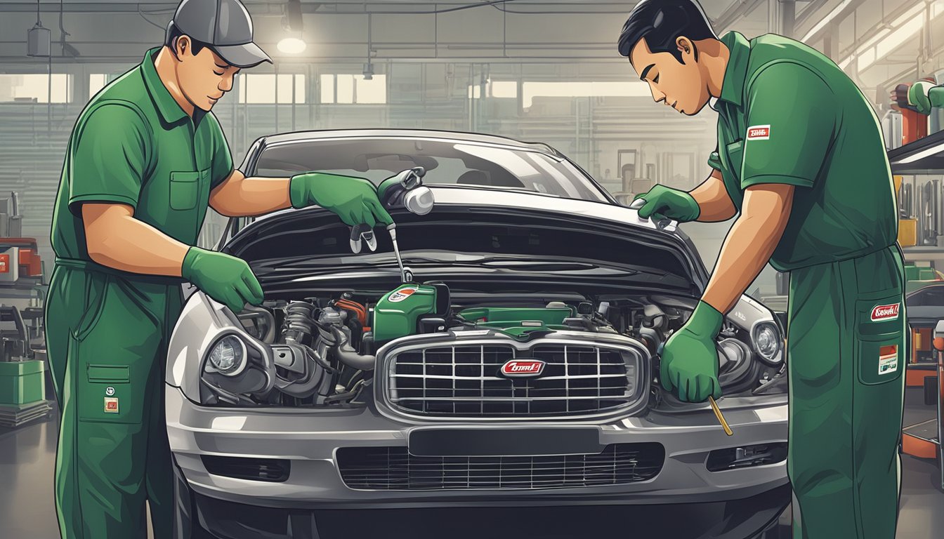 A mechanic pours Castrol engine oil into a car engine, showcasing the various types and benefits of the product. The scene is set in a well-lit and organized automotive workshop in Singapore