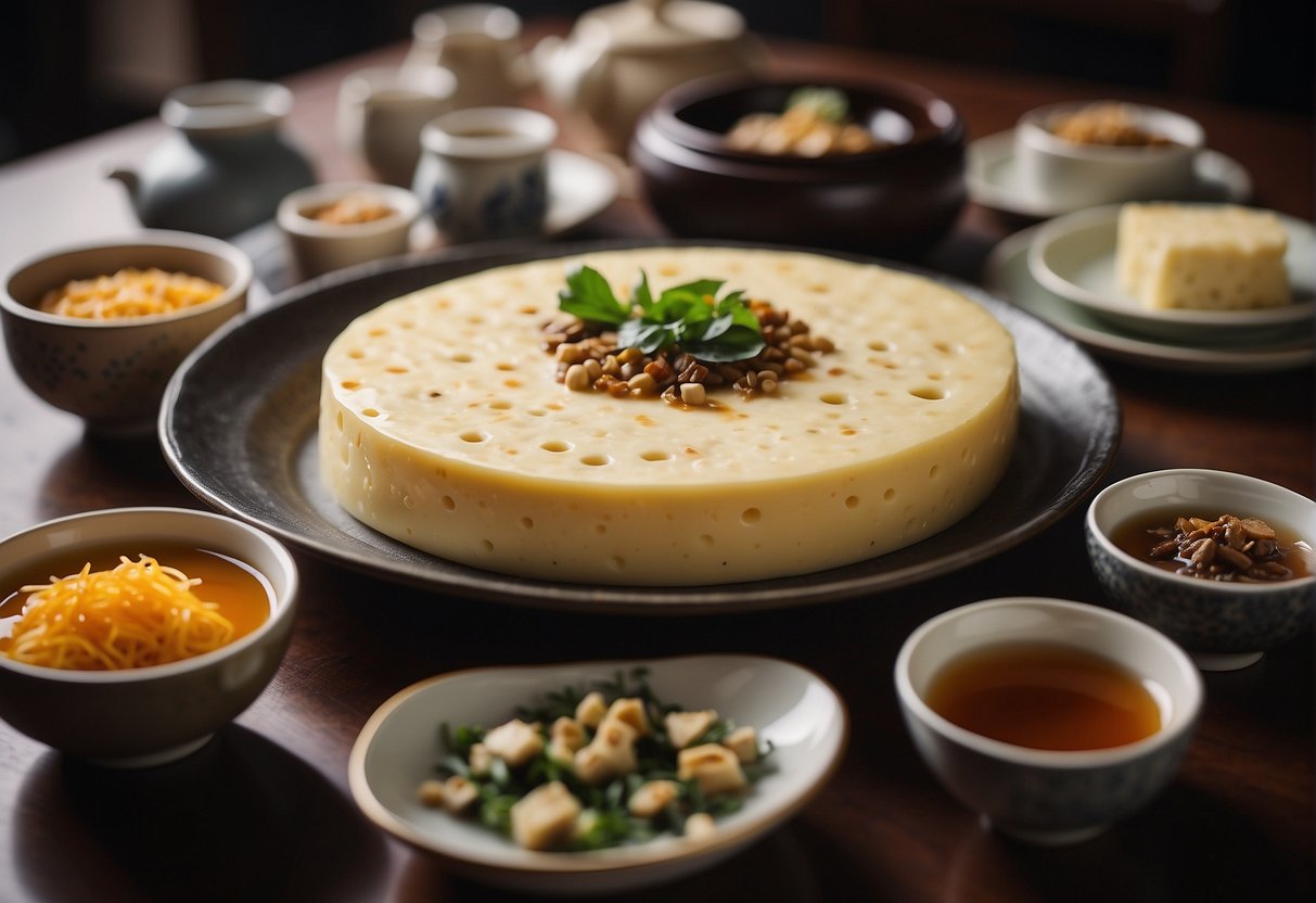 A table set with traditional Chinese dishes, incorporating cheese in various recipes, surrounded by chopsticks and Chinese tea